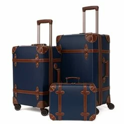 NZBZ Vintage Luggage Sets With Spinner Wheels Carry On Suitcase Tsa Lock Luggage 3 Pieces (Navy Blue, 14inch & 20inch & 28inch)