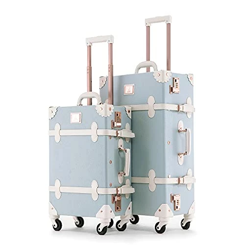 UNIWALKER 2 Piece Vintage Luggage Set 26inch Spinner Trunk With 20inch Carry On Cute Suitcase For Women (Embossed Blue) 3 UNIWALKER 2 Piece Vintage Luggage Set 26inch Spinner Trunk With 20inch Carry On Cute Suitcase For Women (Embossed Blue)
