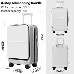Hanke Upgrade Carry On Luggage With Front Laptop Pocket, 20'' PC Hard Case Suitcases With Spinner Wheels & TSA Lock,Rolling Luggage For Business Travel And Short Trip(Grayish White) -suitcase shop 41nuOROidxL
