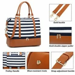 Womens Travel Weekend Bag Canvas Overnight Carry On Shoulder Duffel Beach Tote Bag (Blue Stripe With Shoe Compartment) -suitcase shop 510fbiFblNL