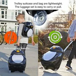 Kiddietotes Kids Carry-on Upright Luggage Suitcase And Backpack Set - Smooth Rolling Wheels - Penguin -suitcase shop 5145bM6ueBL