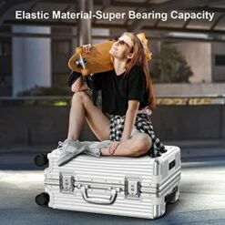 SOMODE Airline Approved Carry On Luggage With Spinner Wheels,Aluminum Framed Carry On Suitcase With Front Open Laptop Compartment/Pocket 22×14×9 Inch Large Checked-in Luggage(White) -suitcase shop 51AdkDtRvQL