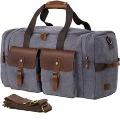 WOWBOX Duffle Bag Weekender Duffel Bag For Men And Women Genuine Leather Canvas Travel Overnight Carry On Bag With Shoes Compartment Grey