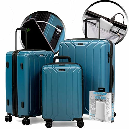 NONSTOP Luggage Expandable Spinner Wheels Hard Side Shell Travel Suitcase Set 3 Piece Lightweight With TSA Lock And Double USB Port, NEW YORK Collection (Teal, 3-Piece Set (20/24/28) W/Power Bank) 3 NONSTOP Luggage Expandable Spinner Wheels Hard Side Shell Travel Suitcase Set 3 Piece Lightweight With TSA Lock And Double USB Port, NEW YORK Collection (Teal, 3-Piece Set (20/24/28) W/Power Bank)
