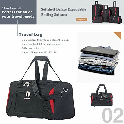Flieks 5 Piece Luggage Set Deluxe Expandable Rolling Suitcase (black&red) 6 Flieks 5 Piece Luggage Set Deluxe Expandable Rolling Suitcase (black&red) - Image 4