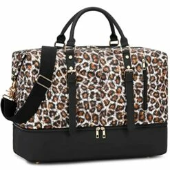 Weekender Overnight Bag Oversized Travel Duffel Leather For Men And Women (Brown Black Leopard Print)