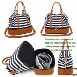 Womens Travel Weekend Bag Canvas Overnight Carry On Shoulder Duffel Beach Tote Bag (Blue Stripe With Shoe Compartment) -suitcase shop 51aXy3lp5aL