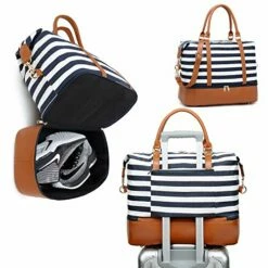 Womens Travel Weekend Bag Canvas Overnight Carry On Shoulder Duffel Beach Tote Bag (Blue Stripe With Shoe Compartment) -suitcase shop 51jKc1DqxtL
