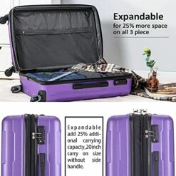 Expandable ABS Durable Suitcase 3 Piece Luggage Sets Lightweight With Double Wheels TSA Lock Spinner, Unisex Adults Teens Home Outddor Carry On Luggage (Purple 20/24/28 Inch) -suitcase shop 51qVLSG8XzS
