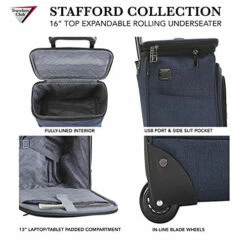 Travelers Club Luggage 16" Top Expandable Rolling Underseater W/USB Port, Blue Suitcase, Carry-On, Navy -suitcase shop 51rs970sFeL