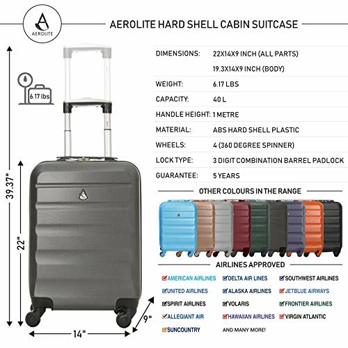 Aerolite 22x14x9” Hard Shell Suitcase Spinner Carry On + Under Seat Holdall 10 Aerolite 22x14x9” Hard Shell Suitcase Spinner Carry On + Under Seat Holdall - Image 8