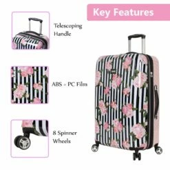 Betsey Johnson 30 Inch Checked Luggage Collection - Expandable Scratch Resistant (ABS + PC) Hardside Suitcase - Designer Lightweight Bag With 8-Rolling Spinner Wheels (Stripe Roses) -suitcase shop 81Qhr 2BeFOwL